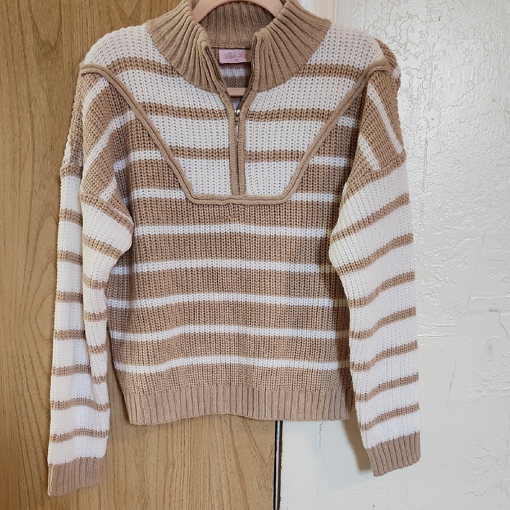 Pink Lily Tan and White Striped Turtleneck Sweater